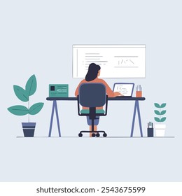 vector woman coding or programming in a simple business environtment, flat illustration