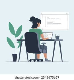 vector woman coding or programming in a simple business environtment, flat illustration