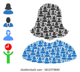 Vector woman collage is formed of randomized self woman icons. Recursive collage of woman. Some other icons are present in this vector.