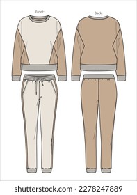 Vector woman color block sweatshirt with pants fashion CAD, long sleeved round neck sweatshirt technical drawing, template, sketch, flat. Fleece or jersey sweatshirt and sweatpants 2 pieces set, beige