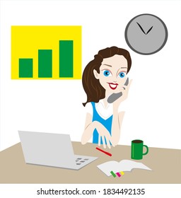Vector. A woman at the computer, working from home, freelance