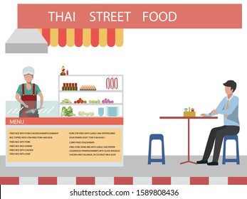 vector of woman cook is cooking In a la carte Thai restaurant and Customers sit and eat in the shop