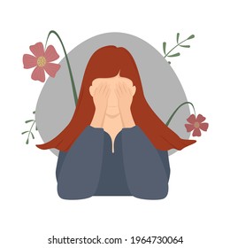 Vector - Woman cover face with two hands and withered flower. Crying, Grief, Upset, Depression, Unhappy concept. Cartoon style.