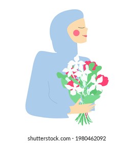 Vector woman with covered head in profile isolated on white background. A young Muslim woman in hijab holds a bouquet of flowers in her hands.