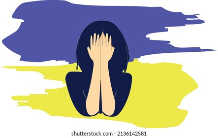 vector of woman covering face against ukrainian flag isolated on white