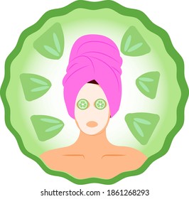 vector of woman with cucumber face mask, self care background poster