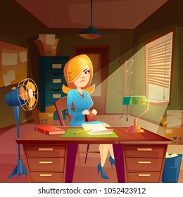 Vector woman customer, client in working space, study room interior. Businesswoman in agency with order. Desktop with table, cabinet, lamp, fan, board, box, chair. Concept for homework workplace