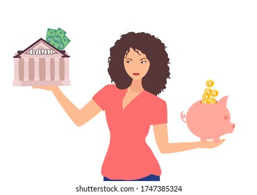 Vector of a woman deciding how to manage savings bank deposit or save the money in piggy bank