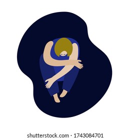 vector woman in depression sitting  dark blue background modern illustration. Sad emotion trouble character