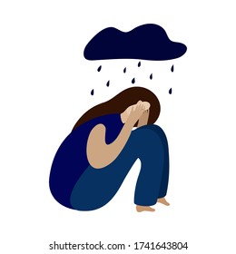 vector woman in depression. sitting under rain. sad lonely girl
