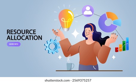 vector of a woman at desk with icon of strategy , ideas ,teamwork, and analytics, symbolizing personal planning ,productivity, and goal setting in a modern work environment. Flat design , illustration