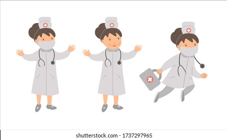 Vector woman doctors in medical hat and mask with stethoscope. Cute funny hospital, clinic or emergency service character. Medicine picture for children. Healthcare icons set 