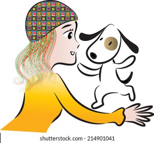 vector woman and dog