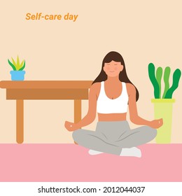 Vector woman doing relaxation and yoga. Flat design self-care day.