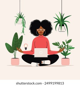 Vector Woman Doing Yoga at Home