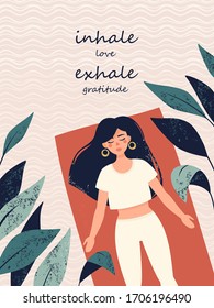 Vector woman doing yoga in shavasana pose in the rug surrounded tropical plants and text inhale love exhale gratitude