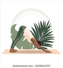 Vector of woman in downward dog yoga pose on mat, flat style, calm colors. Perfect for wellness, mindfulness, yoga studios, fitness apps, and healthy lifestyle promotions.
