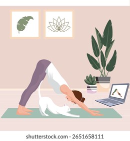 Vector of woman in downward dog yoga pose at home with white cat stretching nearby. Cozy indoor scene with laptop, plants, and wall art. Ideal for wellness, yoga, and self-care content.

