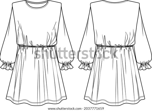 Vector woman dress with long sleeves fashionCAD,\
elasticized waist dress with balloon sleeves technical drawing,\
sketch, flat, template. Jersey or woven fabric dress with front,\
back view, white color