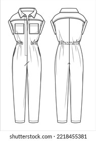 Vector woman drop shoulder jumpsuit technical drawing, sleeveless jumpsuit with pockets and elasticized waist fashion CAD, template, flat, sketch, mockup. Jersey or woven fabric jumpsuit, white color