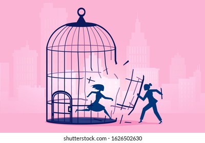 Vector of a woman escaping birdcage being helped by businesswoman