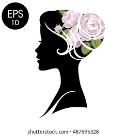 Vector Woman Face. Black Flowered Silhouette. Vintage profile