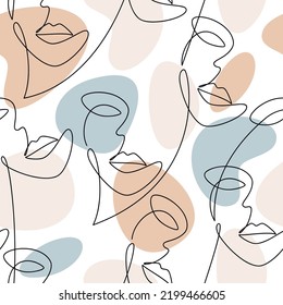 Vector woman face continuous line drawing seamless pattern. Modern abstract minimal one line style illustration. Wallpaper, background, fabric, print, wrapping paper, card, banner, poster.