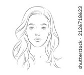 Vector woman face. Curly hairstyle. Young beautiful girl with long wavy hair curls. Volume, Haircut, Hairdressing. Care and beauty. Black and white line sketch front illustration portrait.