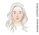 Vector woman face. Curly hairstyle. Young beautiful girl with long wavy hair curls. Volume, Haircut, Hairdressing. Care and beauty. Black and white line sketch front illustration portrait.