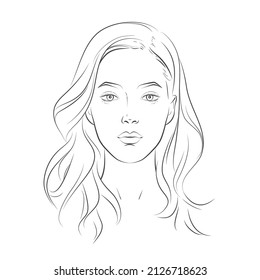 Vector woman face. Curly hairstyle. Young beautiful girl with long wavy hair curls. Volume, Haircut, Hairdressing. Care and beauty. Black and white line sketch front illustration portrait.