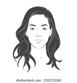 Vector woman face. Curly hairstyle. Young beautiful girl with long wavy hair curls. Volume, Haircut, Hairdressing. Care and beauty. Black and white line sketch front illustration portrait.