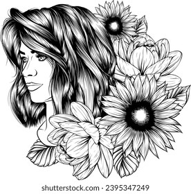 beautiful girl with long wavy hair. isolated white background. vector black  and white illustration. 25267693 Vector Art at Vecteezy
