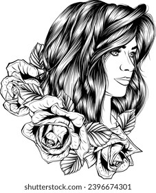 Vector woman face. Curly hairstyle. Young beautiful girl with long wavy hair curls.