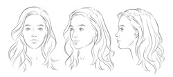 Vector Woman Face. Different Angle View. Set Of Head Portraits Young Girl With Long Wavy Hair Curls. Three Dimension Front, Profile, Three-quarter. Curly Hairstyle. Realistic Line Sketch Illustration