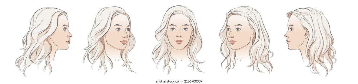 Vector woman face. Different angle view. Set of head portraits young girl with long wavy curly hair. Five dimension front, profile, three-quarter. Realistic watercolor sketch illustration