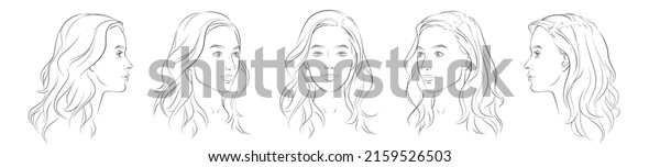 Vector woman face. Different angle view. Set\
of head portraits young girl with long wavy hair curls. Five\
dimension front, profile, three-quarter. Curly hairstyle. Realistic\
line sketch\
illustration
