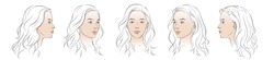 Vector Woman Face. Five Different Angle View. Set Of Head Portraits Young Girl. Three Dimension Front, Profile, Three-quarter, Turn Of. Close-up Realistic Line Sketch.