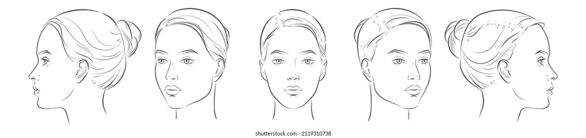 Vector woman face. Five different angle view. Set of head portraits young girl. Three dimension front, profile, three-quarter, turn of. Close-up realistic line sketch.