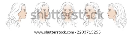 Vector woman face. Five different angle view. Set of head portraits young girl. Three dimension front, profile, three-quarter, turn of. Close-up realistic line sketch.