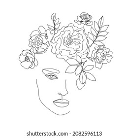 Vector woman face line art illustration, logo with flowers and leaves, feminine nature concept. Use for prints, tattoos, posters, textile, logotypes, cards etc. Monoline, continuous line