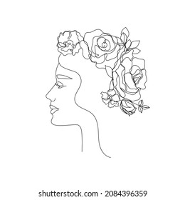 Vector woman face line art illustration, logo with flowers and leaves, feminine nature concept. Use for prints, tattoos, posters, textile, logotypes, cards etc. Monoline, continuous line