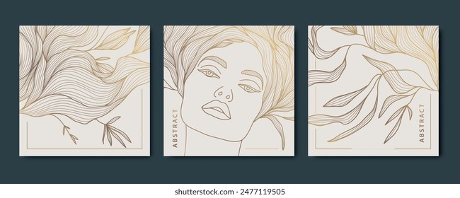 Vector woman face line design, beauty nature logo, female hair salon prints. Floral fashion illustrations, cosmetic, spa, care drawing.
