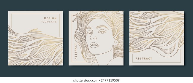 Vector woman face line design, beauty nature logo, female hair salon prints. Floral fashion illustrations, cosmetic, spa, care drawing.