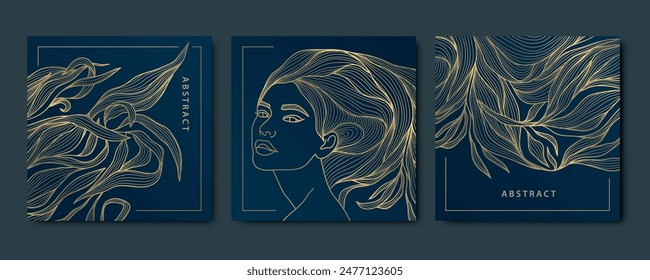 Vector woman face line design, beauty nature logo, female hair salon prints. Floral fashion illustrations, cosmetic, spa, care drawing