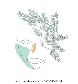 Vector - woman' Face outline with green leaves on her hair. Art design. Can be use for card, logo, print, paper. Copy space.