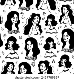 Vector woman face seamless pattern. Doodle female portrait illustration background, sketch art black and white different characters, beauty wallpaper, vintage