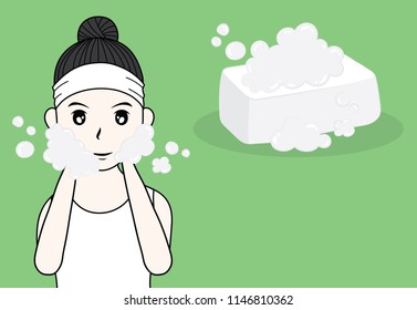 vector woman face. skin care cleansing soap illustration.