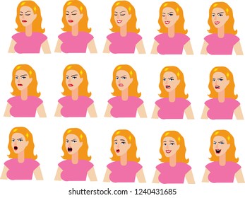 Vector - Woman Face In Various Expression, Sad, Smile, Happy , Angry, Shout, laugh, shouting, confuse, questioning, annoyed, surprise,
