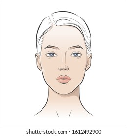 Vector woman face. Young beautiful girl with healthy skin. Black and white line watercolor sketch front portrait. Close up isolated on white.