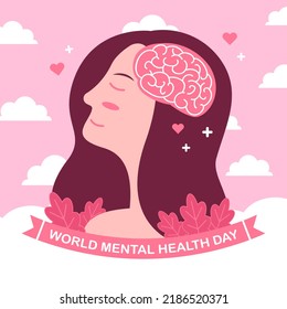 vector woman female girl world mental health day with brain and leaves